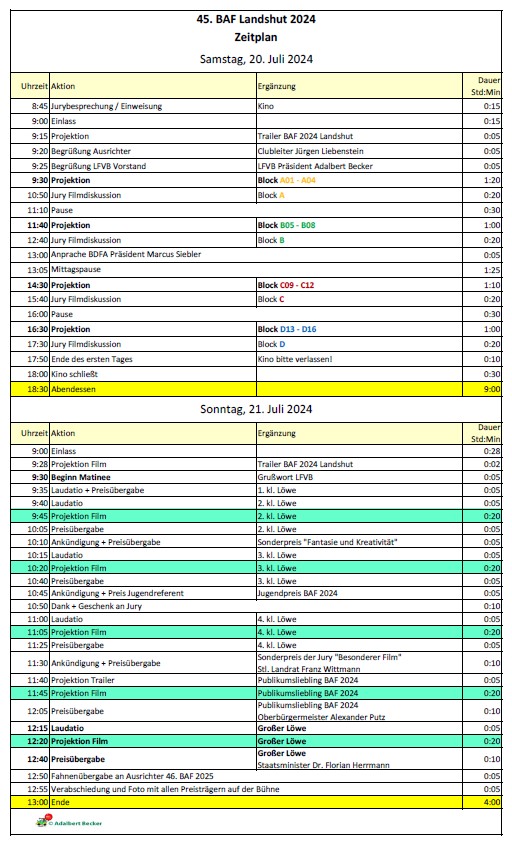 detaillierter Zeitplan BAF 2024